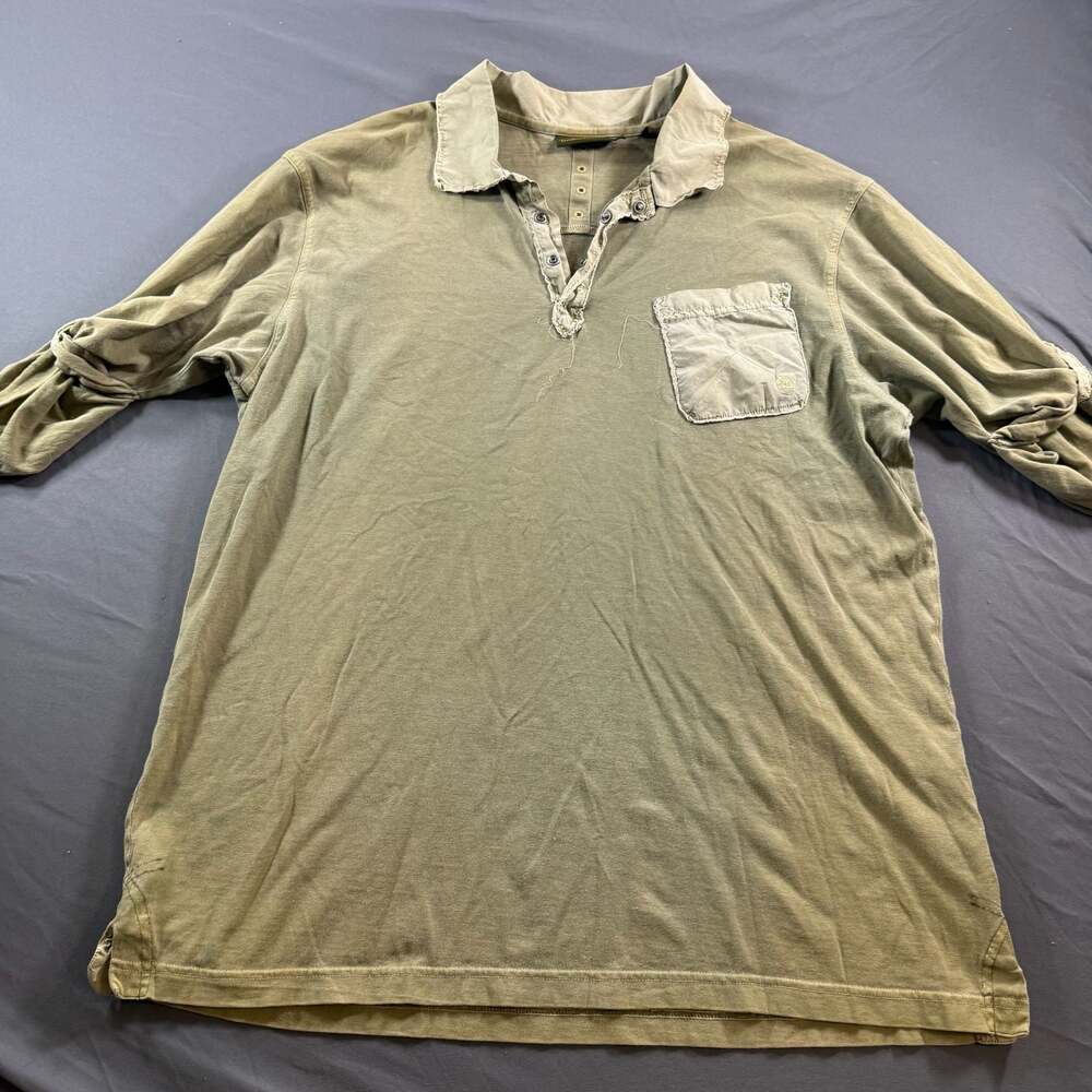 Timberland Mens XL Olive Green Long Sleeve Polo Shirt Distressed Workwear